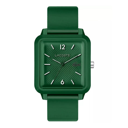 A Lacoste.12.12 Studio 3 Hands Watch Green Silicone on a white background.
