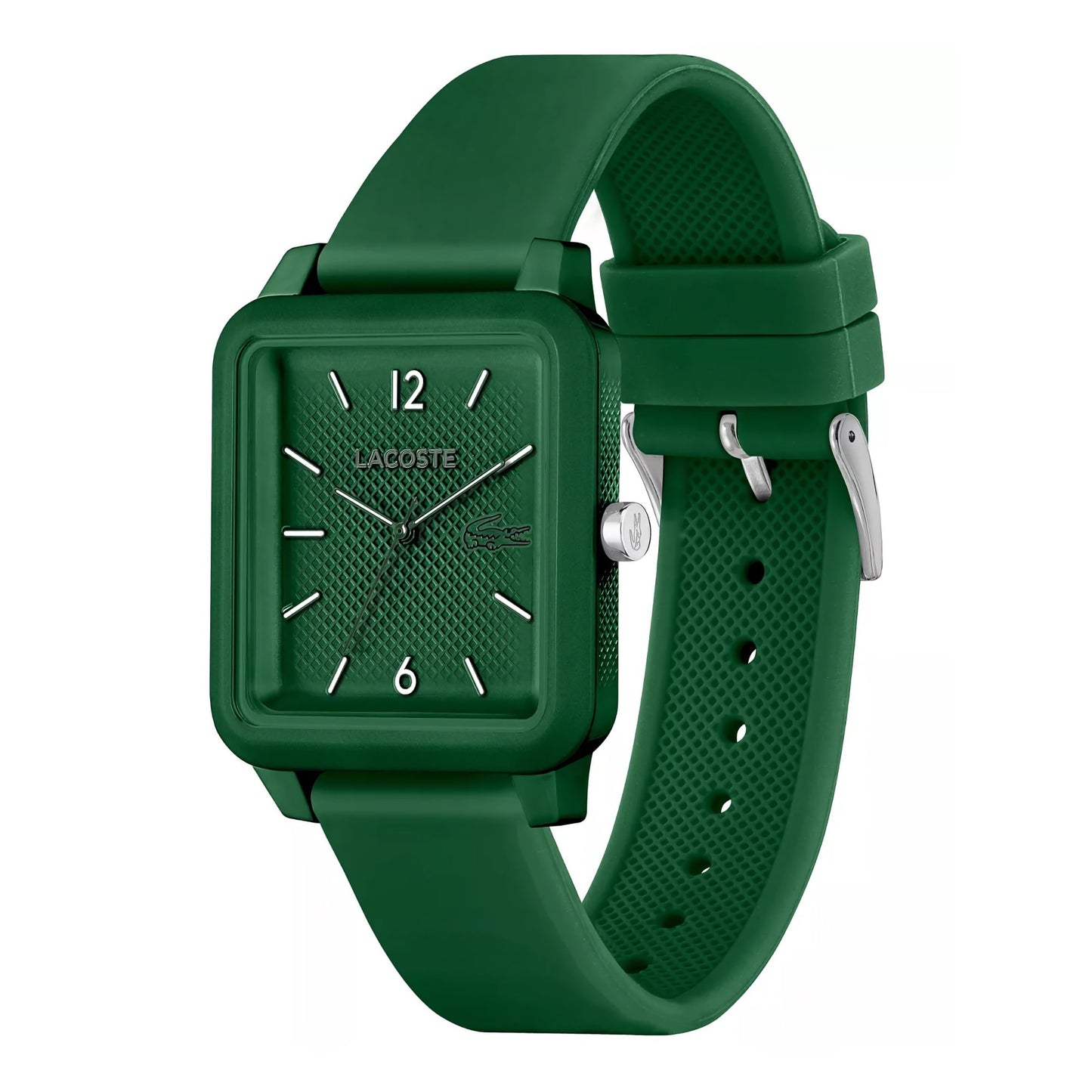 A geometric green Lacoste.12.12 Studio 3 Hands Watch Green Silicone timepiece on a white background.