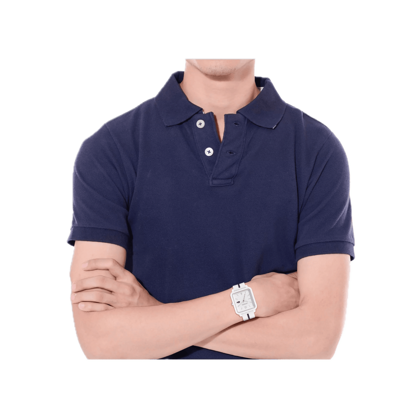 Man in navy blue polo shirt with crossed arms and a Lacoste 12.12 Studio 3 Hands Watch White Silicone on his wrist, no visible head, against a green background.