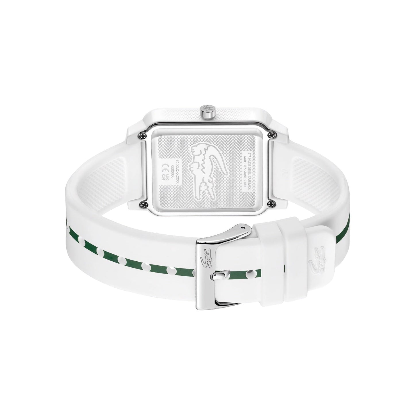 A Lacoste.12.12 Studio 3 Hands Watch White Silicone with green straps on a white background.