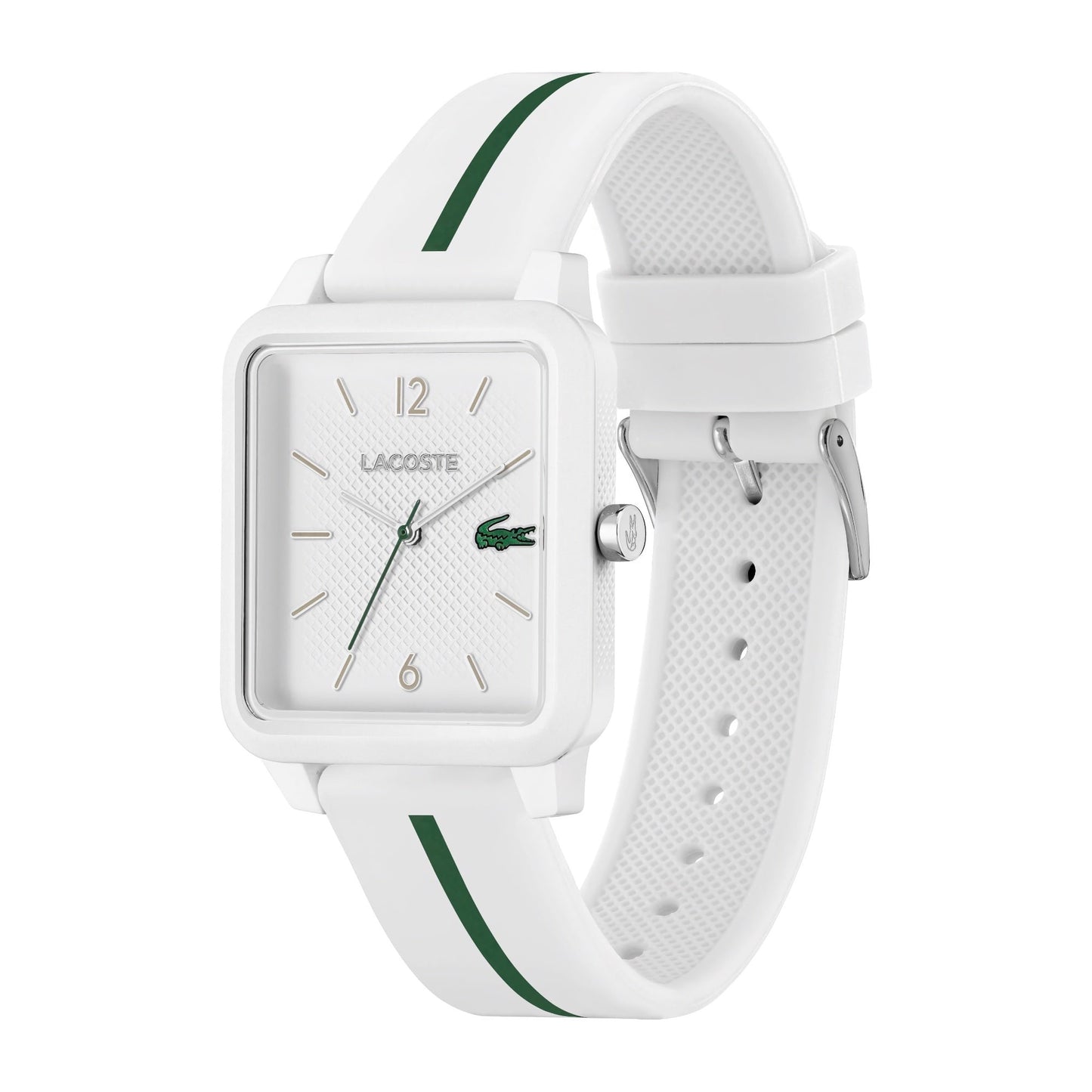 A Lacoste.12.12 Studio 3 Hands Watch White Silicone with a green stripe.