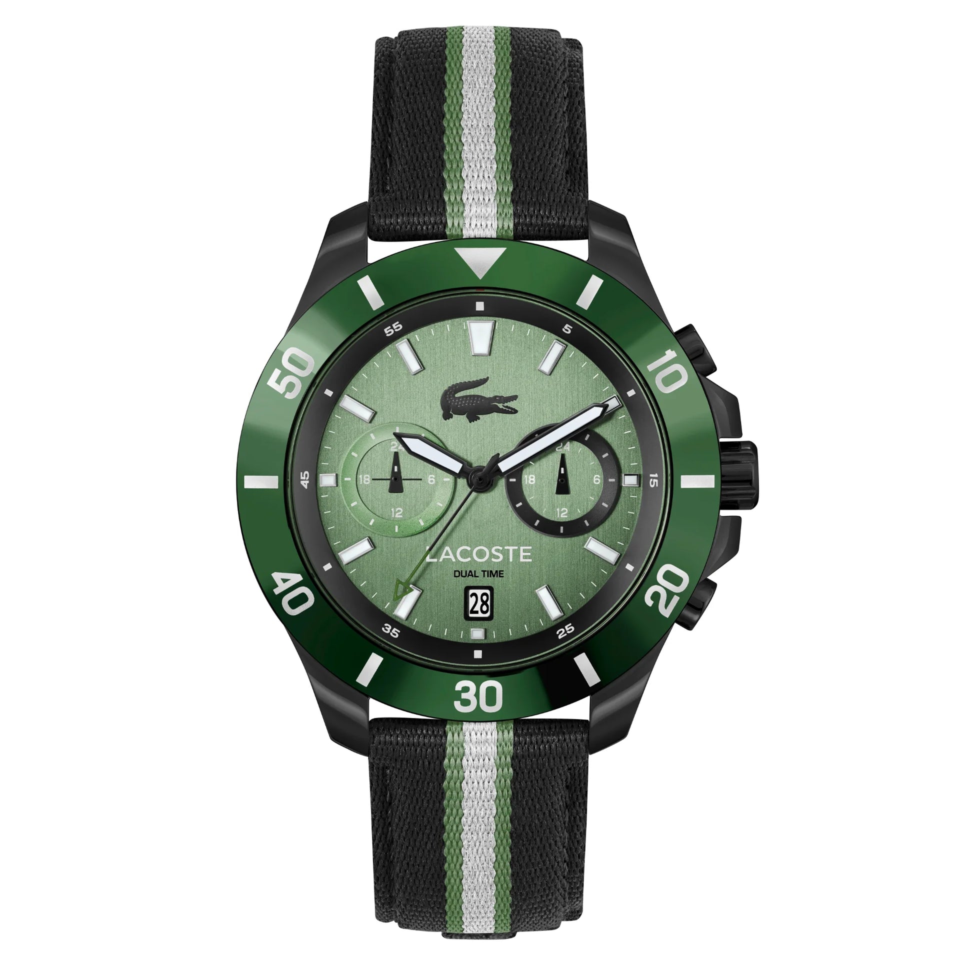 Lacoste Toronga Dual Time Green Dial Black Leather Strap Men's