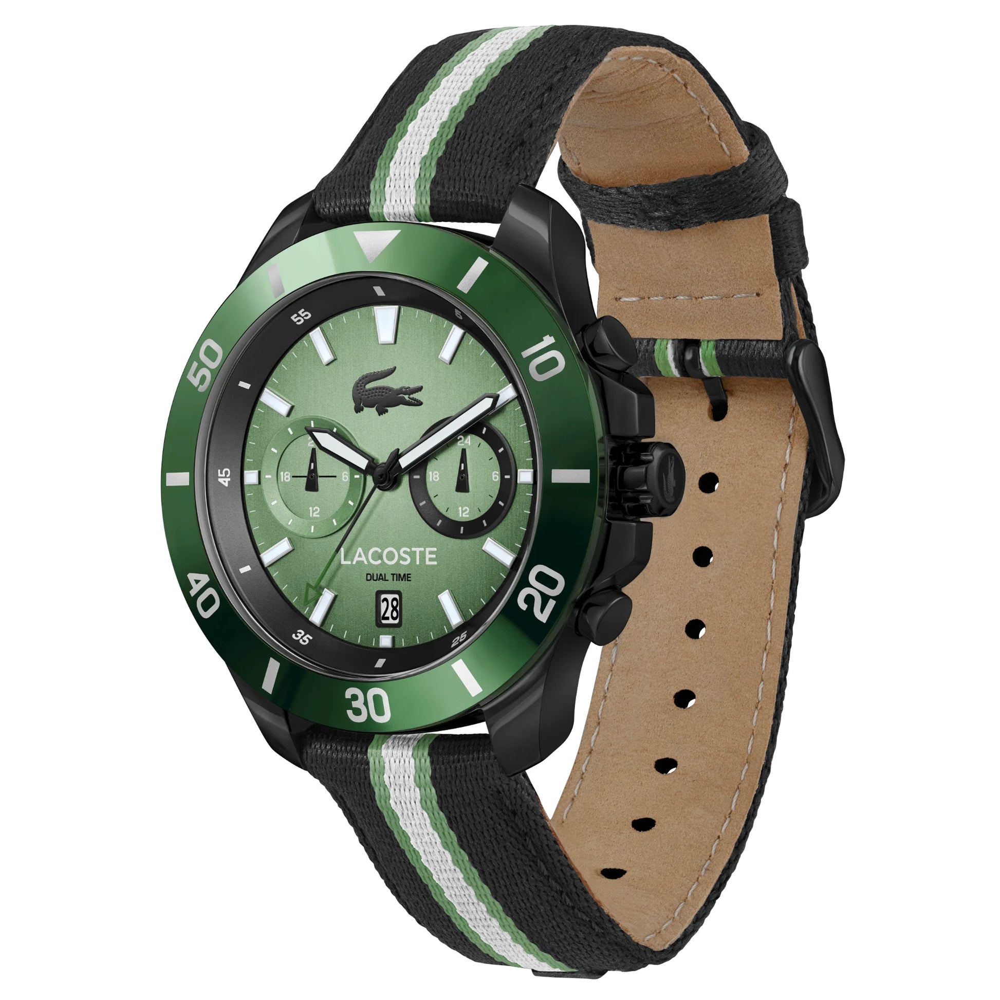 Lacoste Toronga Dual Time Green Dial Black Leather Strap Men's Watch, , , , Goodwatch fashion & trendy watches