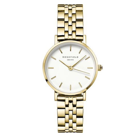 Rosefield Small Edit Ladies’ watch with a white gold finish, gold markers, and link bracelet.