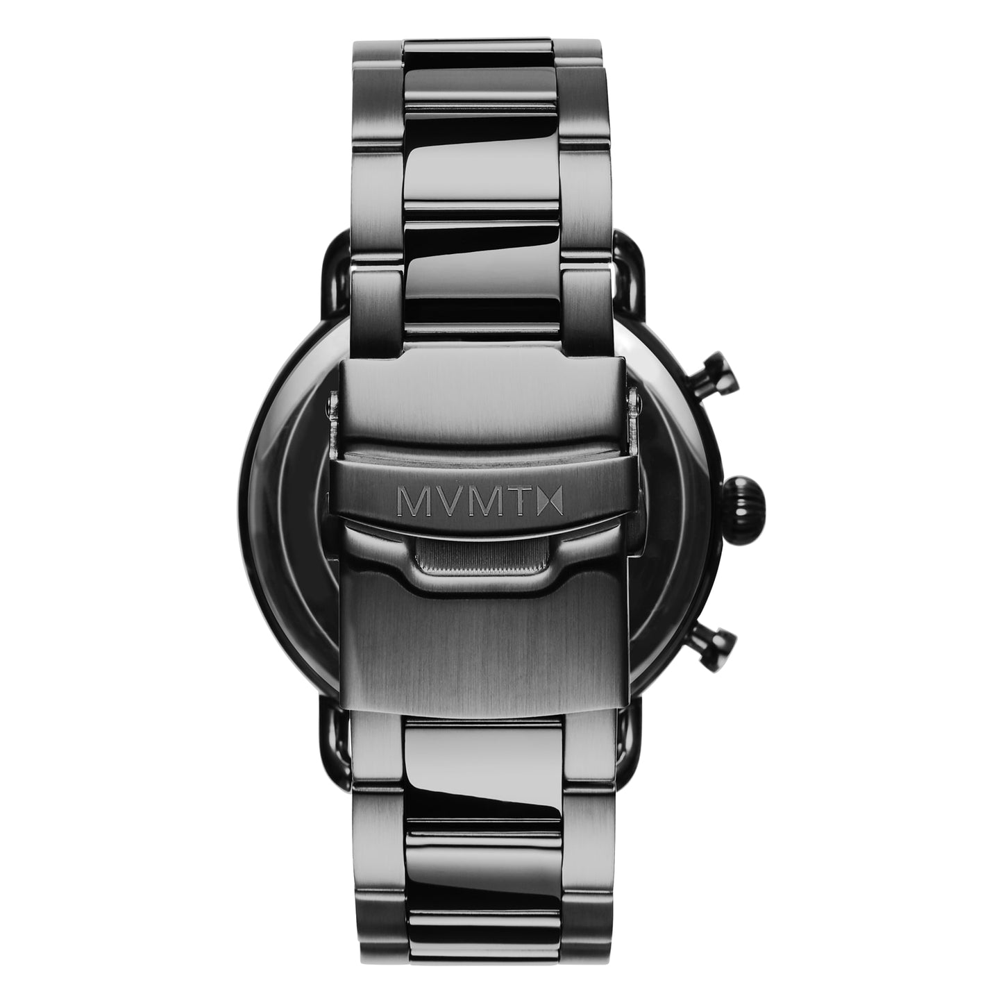 Sleek black metal chronograph wristwatch showcasing the MVMT logo on the clasp, driven by the precise Miyota 6S21 movement, seen from the back.