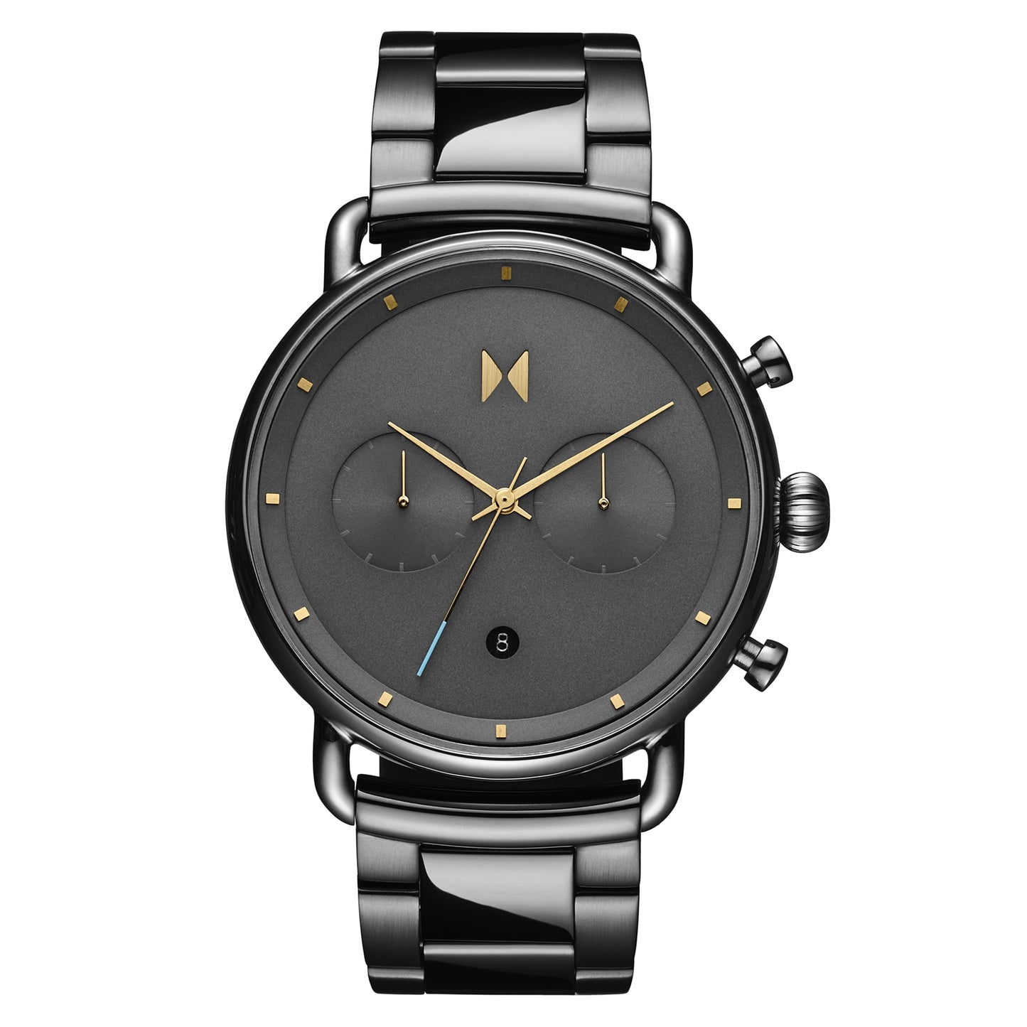 Introducing the MVMT Blacktop Honey Smoke Grey Dial Watch, a sophisticated black chronograph wristwatch with gold hands and markers. It features a grey IP bracelet and two subdials, powered by the dependable Miyota 6S21 movement, seamlessly blending precision with elegance in its design.