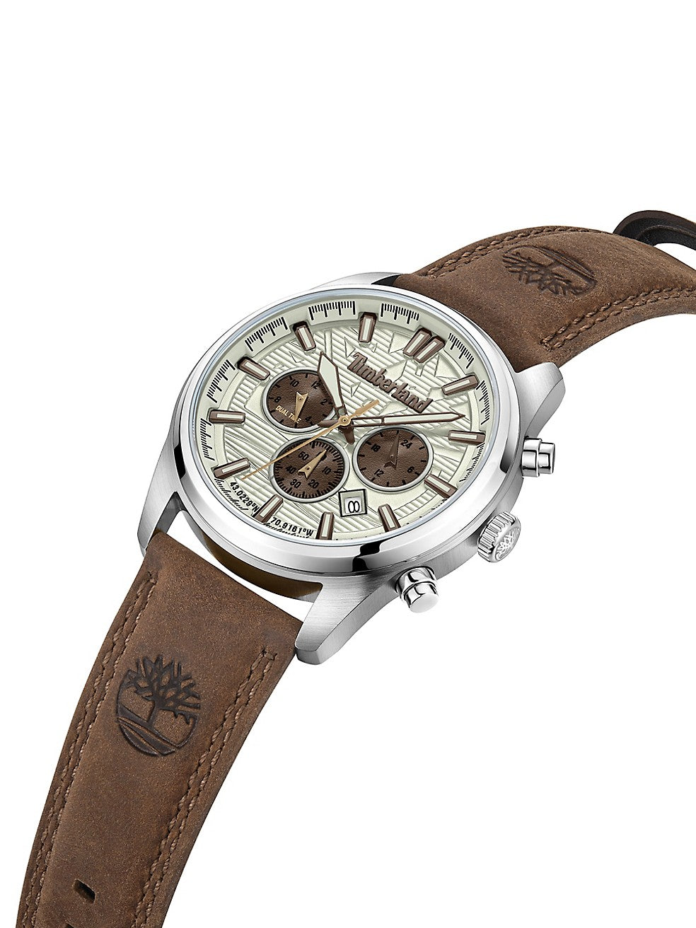 Product description: A Timberland Northbridge Stainless Steel & Leather Strap Chronograph Watch with a brown leather strap.