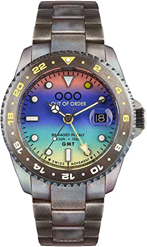 An Out Of Order GMT Miami Swiss Steel Quartz Blue Purple Yellow Date Date Vintage Watch Man with a rainbow dial.