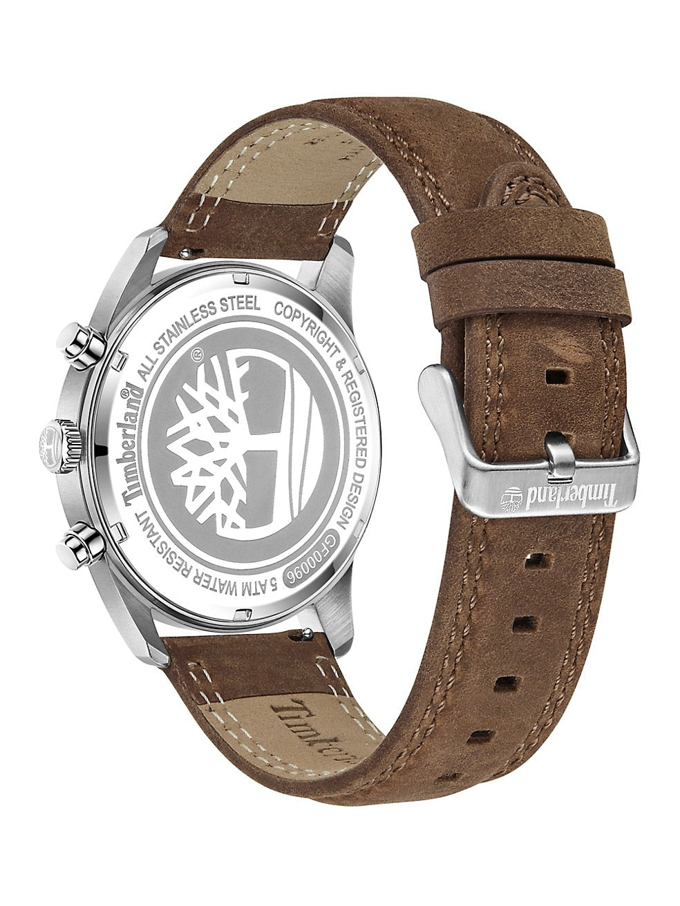 A Timberland Northbridge Stainless Steel & Leather Strap Chronograph Watch with a brown leather strap.