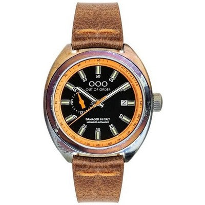 Out of Order men's watch with brown leather strap.