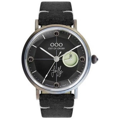 An Out of Order Firefly 36 Black 1-7.NE Men's Watch with a black leather strap.