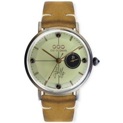 An Out of Order Firefly 36 Cream Full Lume Dial 1-7.CR Men's Watch with a green dial and brown leather strap.