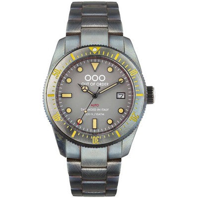 An Out Of Order Grey Auto 2.0 Superluminova C3 Dial Automatic 1-16.2.GR Men's Watch with a yellow bezel on a white background.