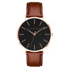 Alfred Sung Metropolitan watch with black dial, rosegold case, brown leather strap, and date feature.