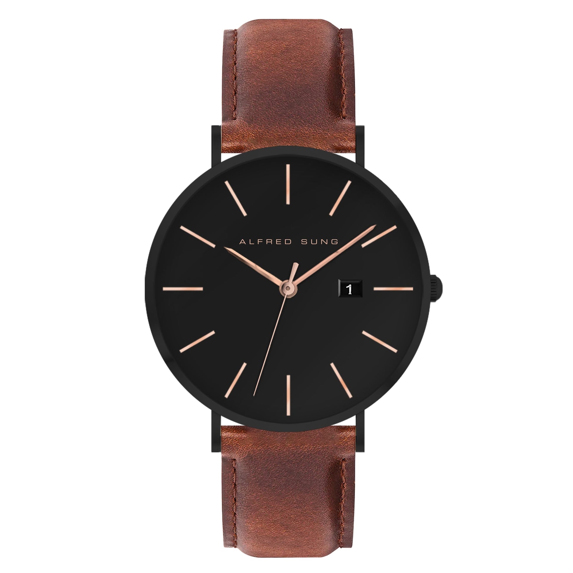 Alfred Sung Metropolitan Date Black Dial & Case Leather strap watch Goodwatch Alfred Sung Metropolitan Date Black Dial & Case Leather strap watch Goodwatch