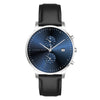Alfred Sung men's watch: Blue dial, black leather, Japanese movement, subdials, and date.