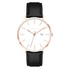 Alfred Sung's Metropolitan watch: rosegold case, white dial, black leather strap, date display at 3 o'clock.
