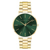 Alfred Sung Metropolitan: Gold watch with green sunray dial, date indicator, and minimalist design.