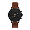 Alfred Sung watch with dual time, date display, black dial, and brown leather strap.