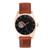 Alfred Sung Automatic men's watch: black dial, visible gears, rose gold case, brown Italian leather strap.