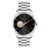 Alfred Sung men's watch: automatic black dial, rose gold markers, open heart, silver stainless steel bracelet.