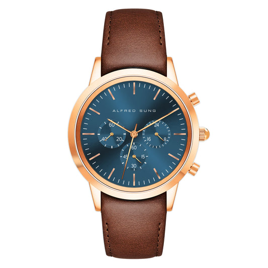 Alfred Sung Chronograph Blue Sunray Dial Brown Leather Strap Men's watch, , , , Goodwatch fashion & trendy watches