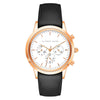 Alfred Sung men's chronograph with a white sunray dial, black leather strap, and a rose gold case.