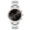Alfred Sung Chronograph Men's watch: Black sunray dial, silver bracelet, gold markers & Japanese movement.