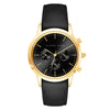 Alfred Sung Chronograph: Gold case, black sunray dial, and black leather strap with three subdials.