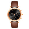 Alfred Sung Chronograph men's watch with rosegold case, black dial, subdials, and brown leather strap.