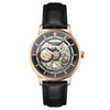 Alfred Sung Automatic III men's watch features a black leather strap, skeleton dial, and rosegold case.