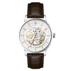 Alfred Sung Automatic III Men’s watch boasts a white skeleton dial with a brown leather strap and visible mechanics.