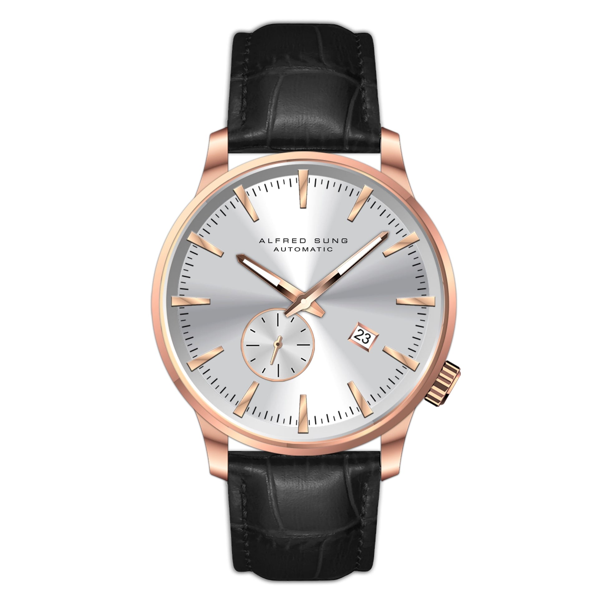 Alfred Sung Automatic II Silver Sunray Dial Black Leather Strap Men's watch, , _wf_cus, , Goodwatch fashion & trendy watches