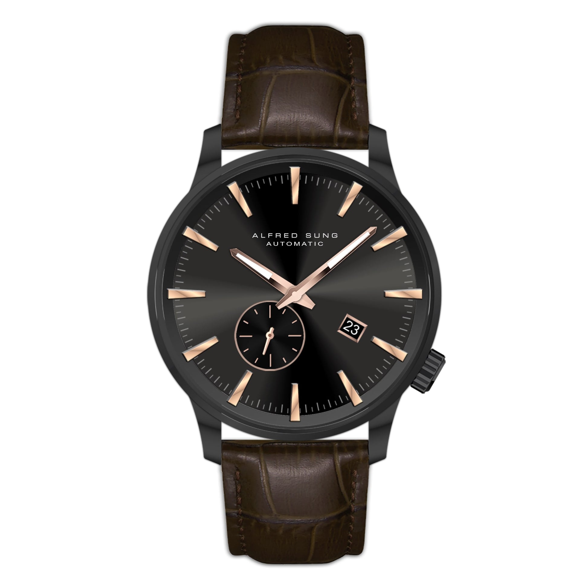 Alfred Sung Automatic II Black Sunray Dial Brown Leather Strap Men's watch, , _wf_cus, , Goodwatch fashion & trendy watches