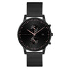 Alfred Sung Dual Time & Date watch: Black dial, black mesh band, dual dials, rose gold markers.