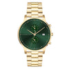 Alfred Sung Dual Time Gold watch features a green dial, dual dials, date display, and link bracelet.