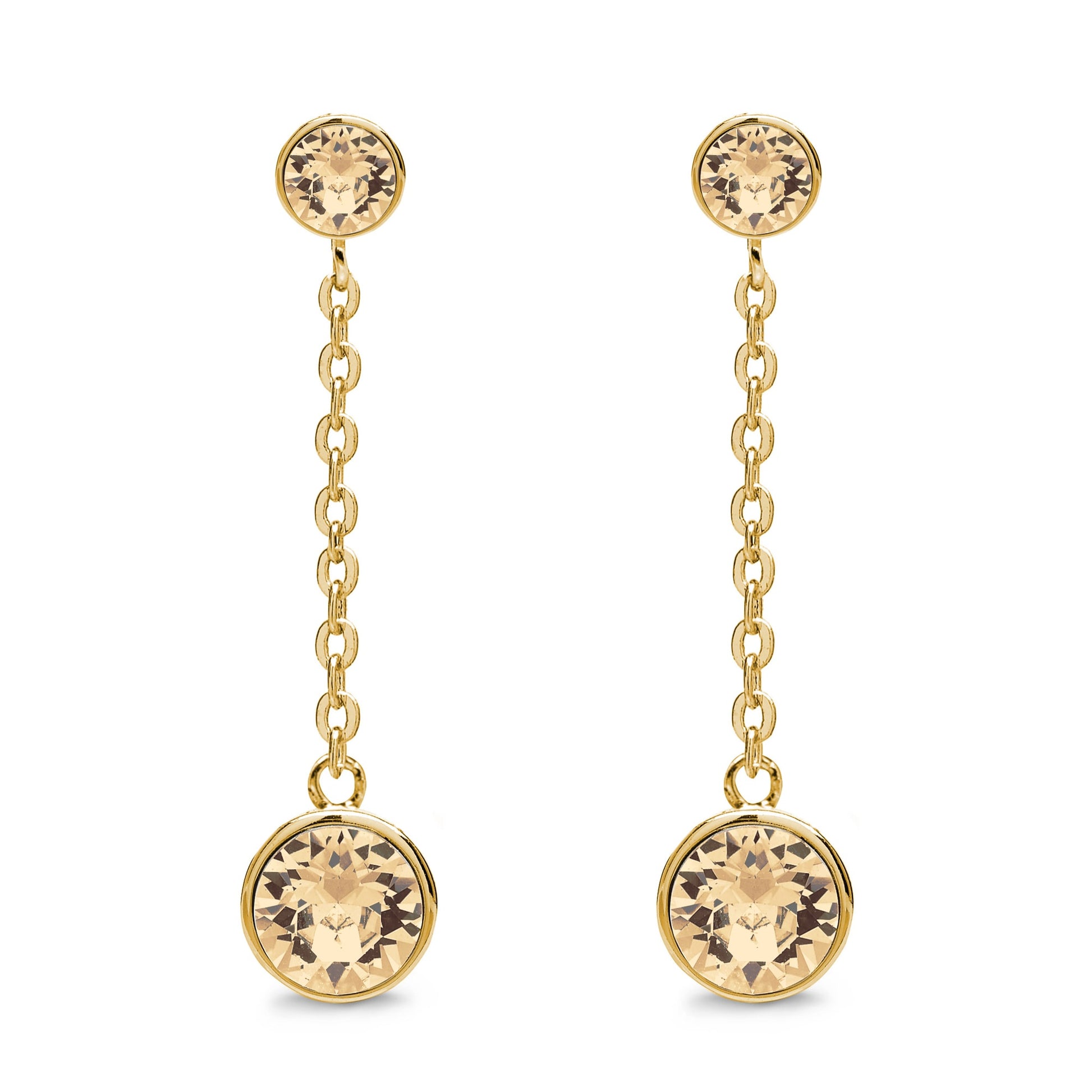 Aura's Drop and Dangle Earrings with Crystals feature gold chains adorned with round, sparkling Swarovski crystals at the ends.