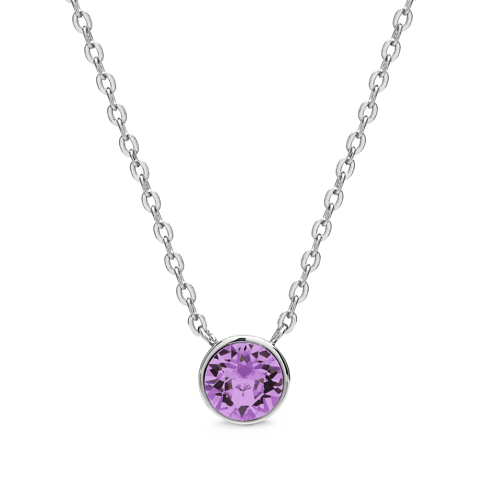 Aura presents the Pendant Necklace With Crystals, showcasing a round purple gemstone set on a silver chain embellished with Swarovski Crystals.