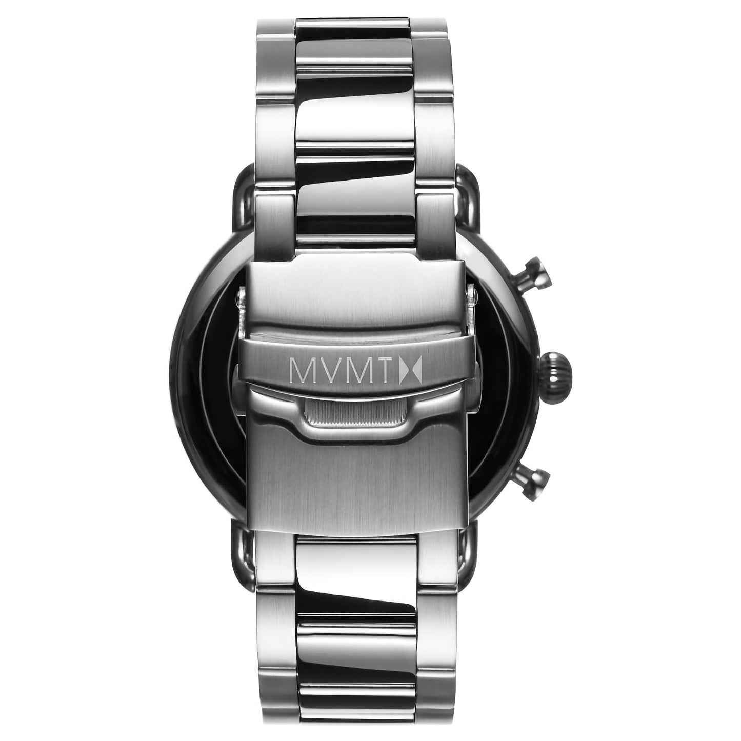 The MVMT Blacktop Blue Dial Stainless Steel Bracelet Men's Watch showcases a silver tone with a stainless steel case and band. From the back, it elegantly displays the clasp and partially reveals the Miyota 6S21 watch face.