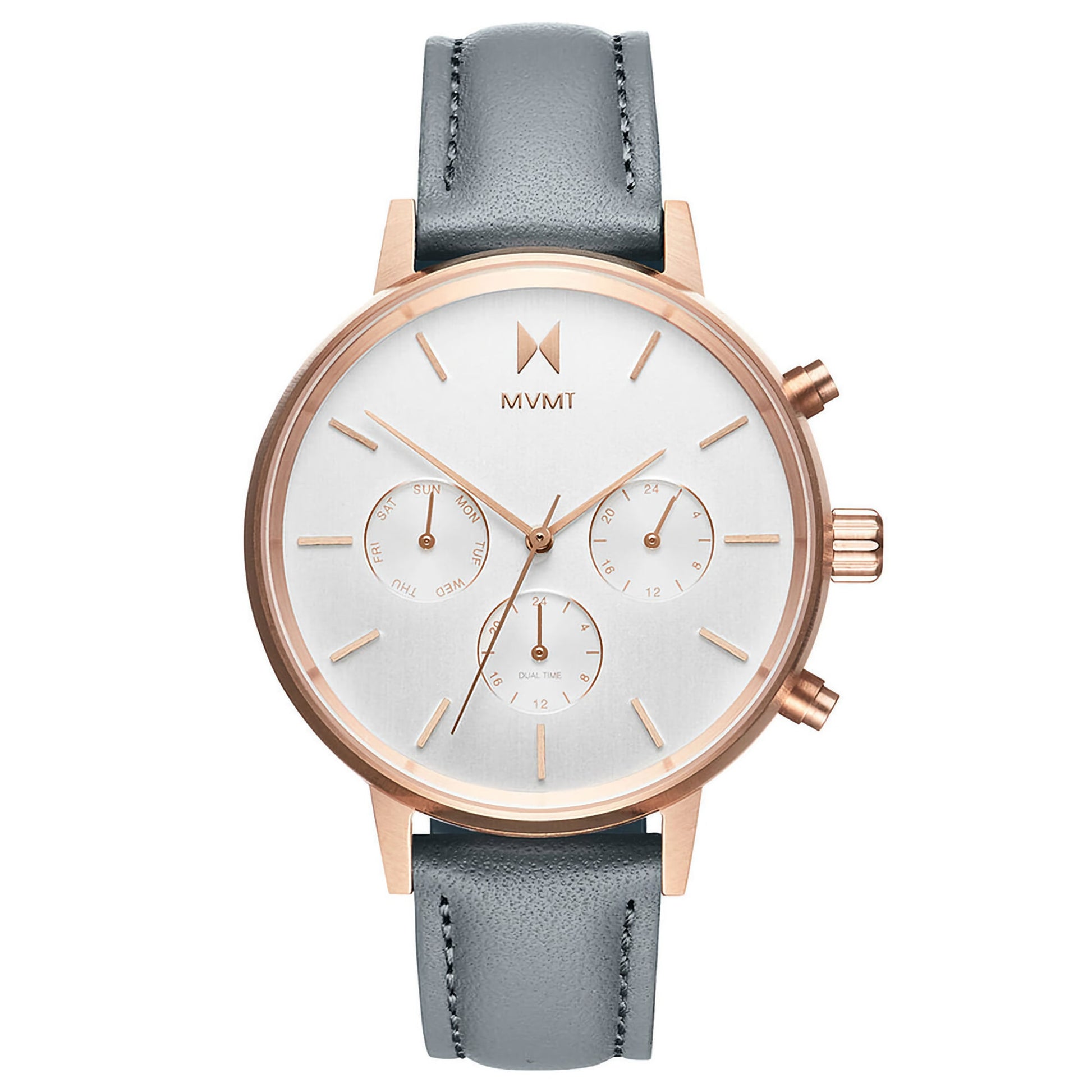 MVMT Nova Dorado watch: white face, three subdials, gold markers, gray leather strap.