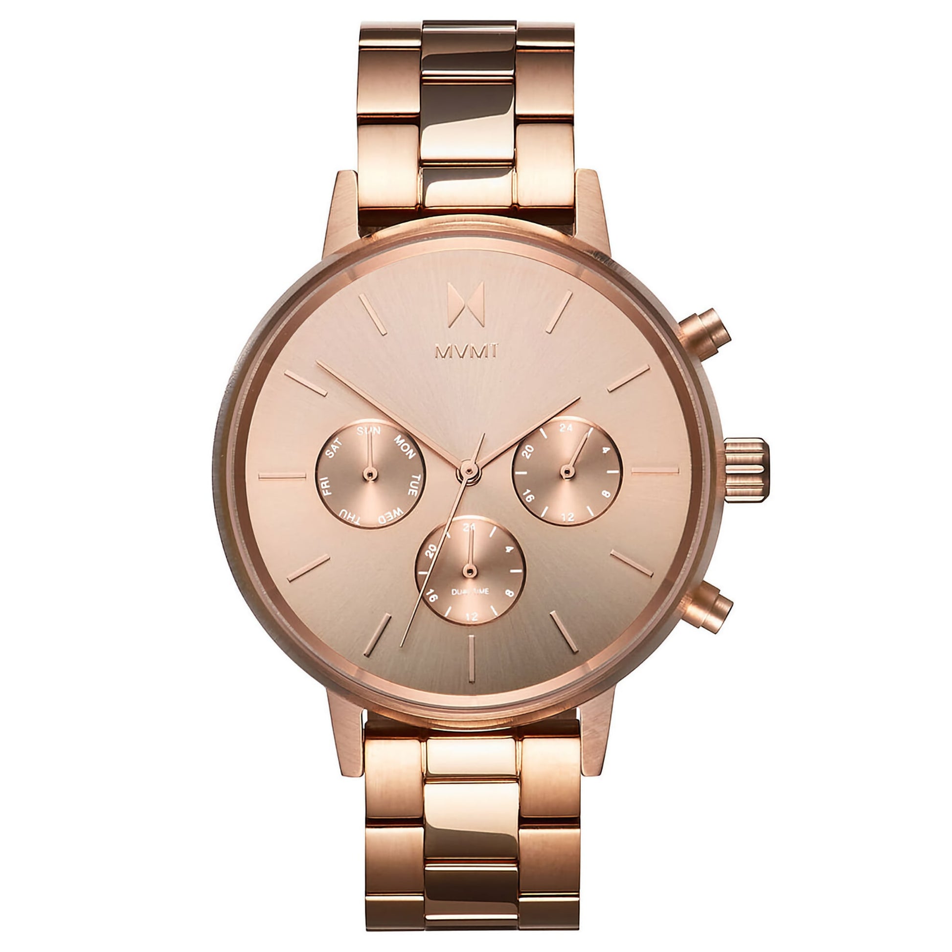 MVMT Nova Leo Rose Ladies watch by MVMT: Japanese quartz movement, dual timezone, three subdials, metal link band.