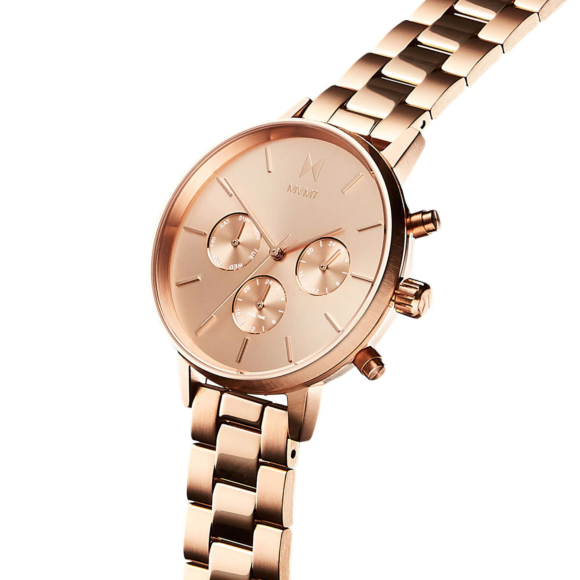 MVMT Nova Leo Rose Ladies watch with dual timezone, three sub-dials, metal link band, on white background.
