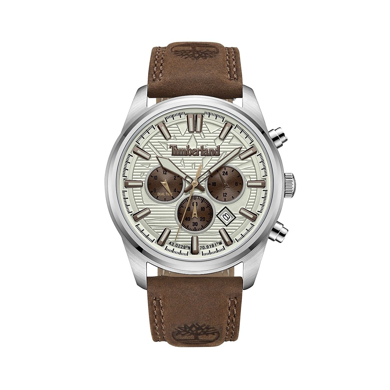 A Timberland Northbridge Stainless Steel & Leather Strap Chronograph Watch with brown leather straps.
