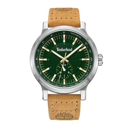 Timberland Driscoll men's watch features silver casing, tree-design light brown leather strap, and waterproof build.