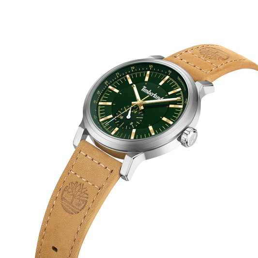 Timberland Driscoll men's watch with green face, tan leather strap, and a distinctive logo design.