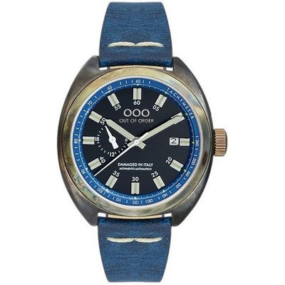 An Out Of Order Torpedine Black Dial Automatic 1-5.BL Men's Watch with blue leather straps and a blue dial.