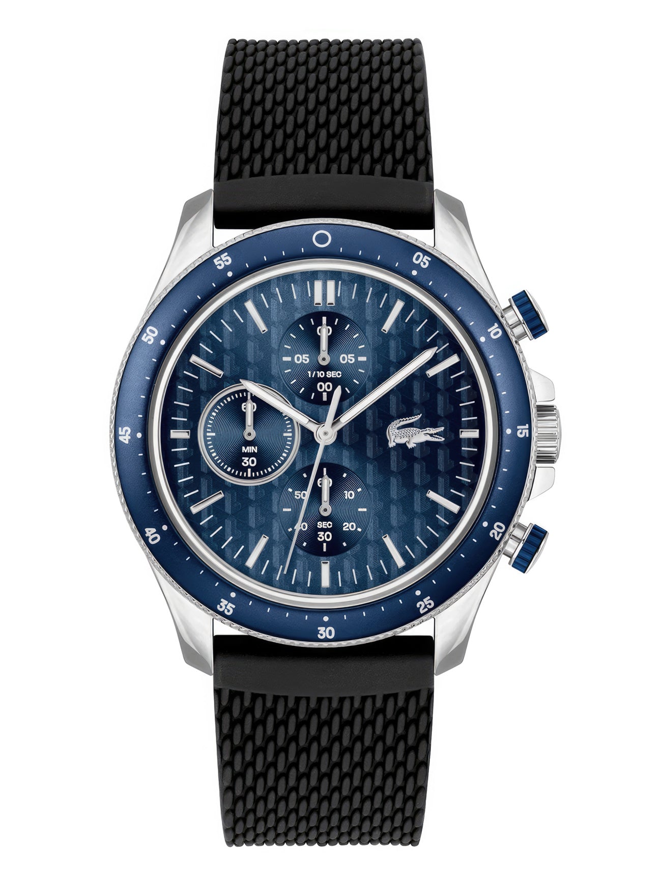 A Lacoste Men's Neoheritage Silver - Blue Watch with a blue dial and black strap.