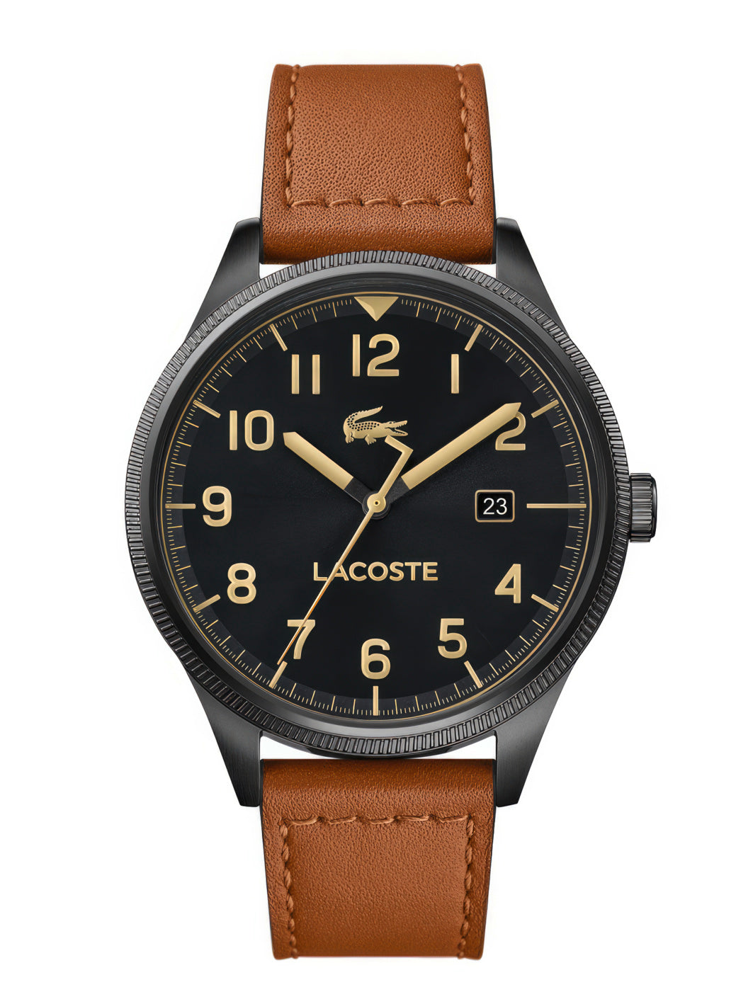 The Men's Lacoste Men's Continental Date Black Watch 2011021 with a brown leather strap combines vintage aviation style with water resistance.
