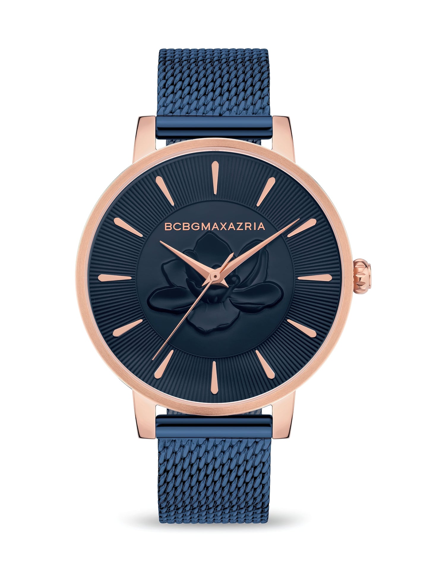 A stylish women's watch with a blue mesh strap featuring the fashionable touch of BCBGMAXAZRIA Ladies Floral Dial Blue Watch BAWLG2133105.