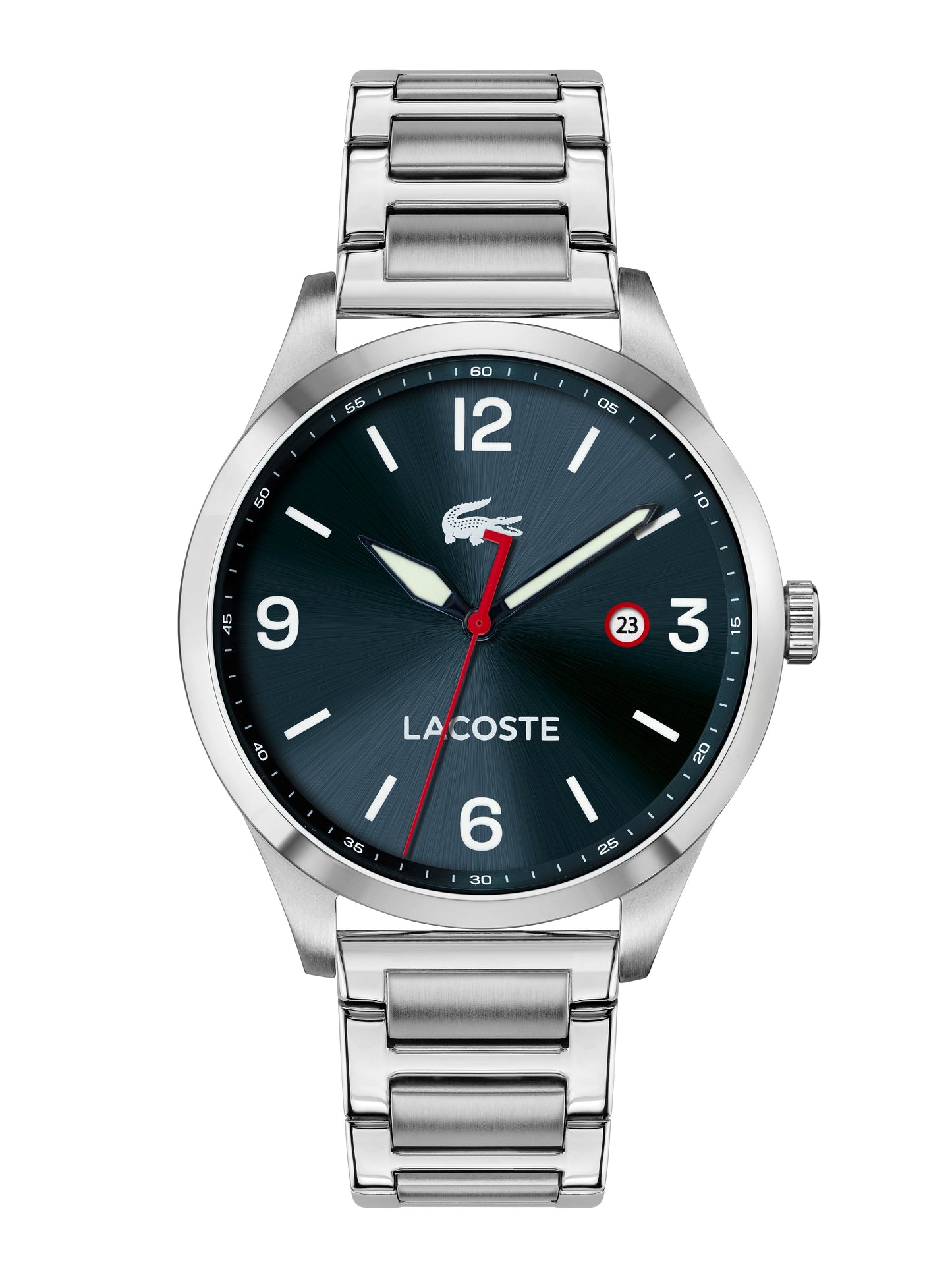 The Men's Traveler Silver - Blue Watch 2011108, a vintage-inspired timepiece by Lacoste, is shown on a white background.